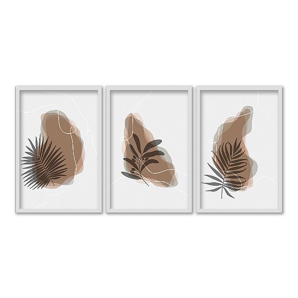 Kit 3 Quadros Decorativos Manchas de Tinta Sobrepostas Marrom Plantas Abstrato