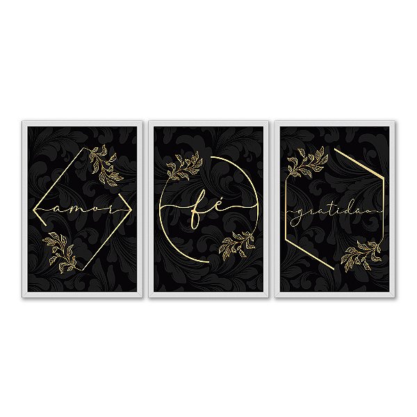 Kit 3 Quadros Decorativos Anir Fé Gratidão Cursiva Dourado Fundo Preto