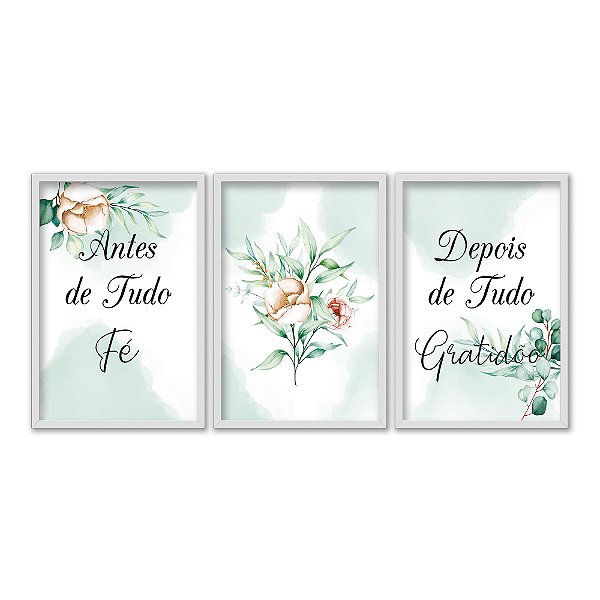 Kit 3 Quadros Decorativos Flores Fundo Turquesa Desfocado Frases Religiosas