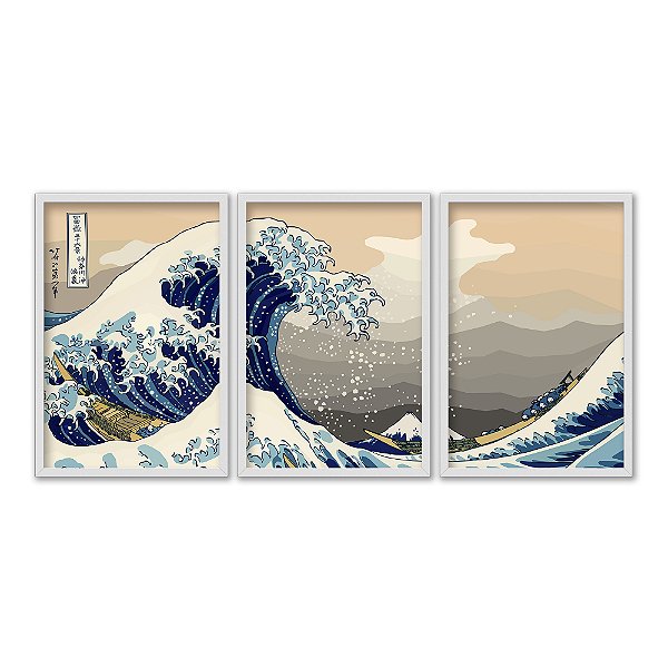 Kit 3 Quadros Decorativos Onda Estilo Japonês Efeito Pintura