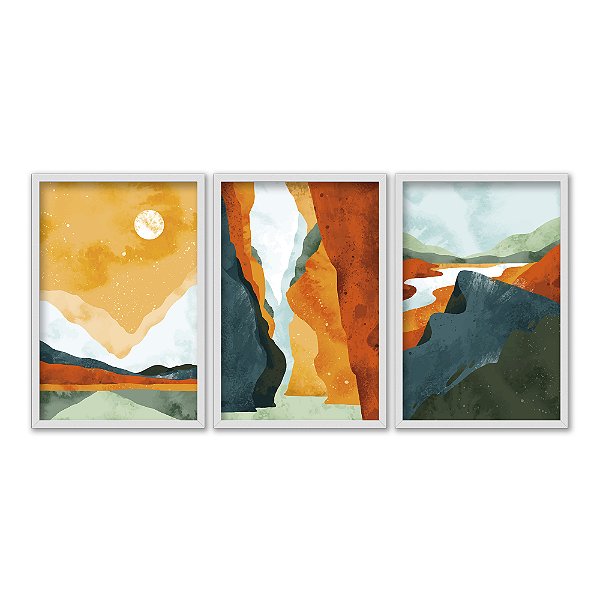 Kit 3 Quadros Decorativos Paisagens Boho Estilizado Efeito Aquarela Abstrato