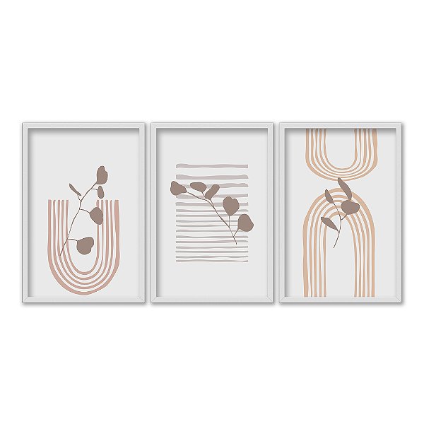 Kit 3 Quadros Decorativos Plantas Com Folhas Fundo Listrado