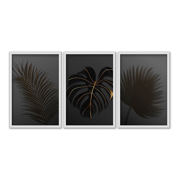 Kit 3 Quadros Decorativos Pantas Escuras Detalhes Dourados Fundo Escuro