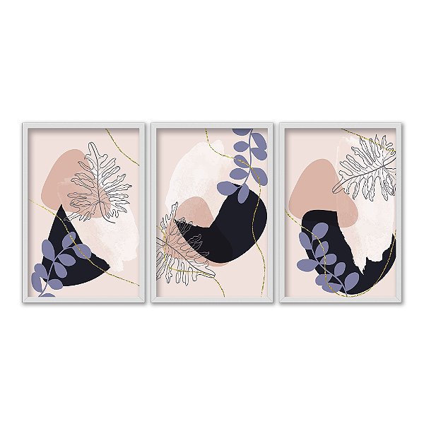 Kit 3 Quadros Decorativos Formas Tons de Rosa E Preto Folhas E Plantas