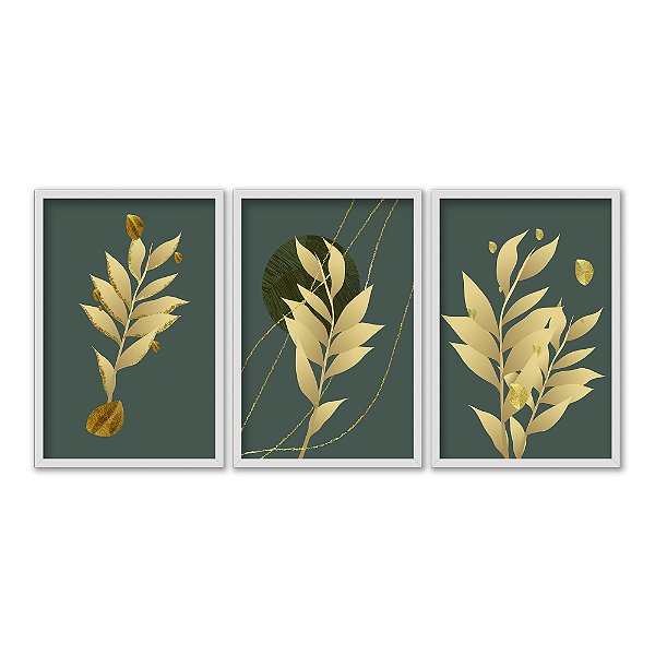 Kit 3 Quadros Decorativos Plantas Douradas Fundo Ciano