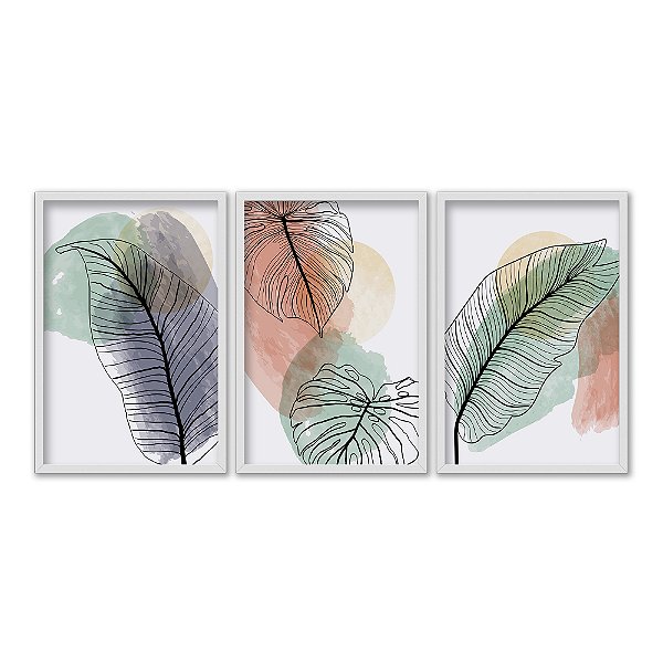 Kit 3 Quadros Decorativos Folhas Desenhadas Efeito Pintura Aquarela
