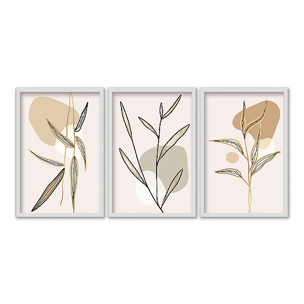 Kit 3 Quadros Decorativos Plantas Abstratas Formas Boho Moderno