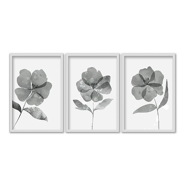 Kit 3 Quadros Decorativos Flores Cinzas Estampadas Fundo Branco
