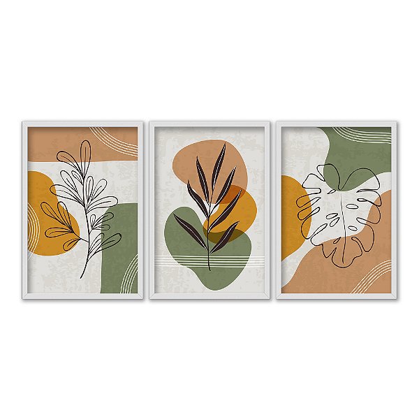 Kit 3 Quadros Decorativos Formas Boho Linhas Brancas Flores Desenho
