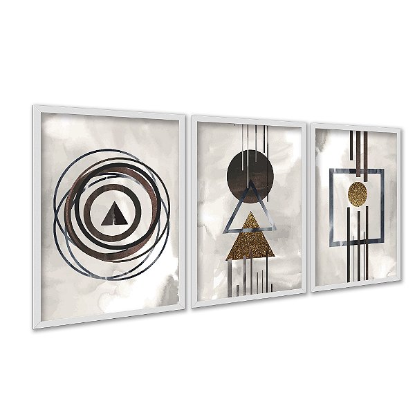 Kit 3 Quadros Decorativos Fundo Enevoado Formas Geométricas Abstrato