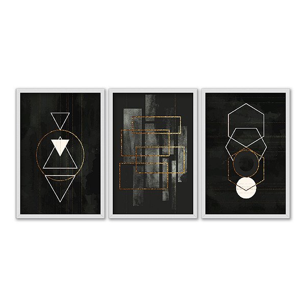 Kit 3 Quadros Decorativos Fundo Preto Contorno Formas Geométricas Detalhes Dourados