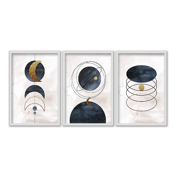 Kit 3 Quadros Decorativos Lua e Planetas Abstrato Fundo Cinza