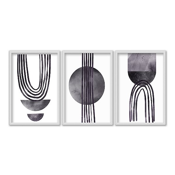 Kit 3 Quadros Decorativos Linhas e Esferas Cinza Efeito Aquarela Abstrato
