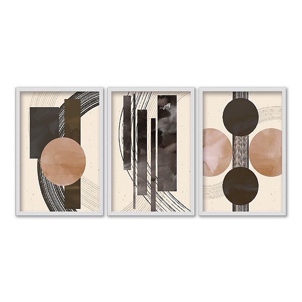 Kit 3 Quadros Decorativos Formas Geométricas Sobrepostas Preto Laranja Fundo Bege Abstrato