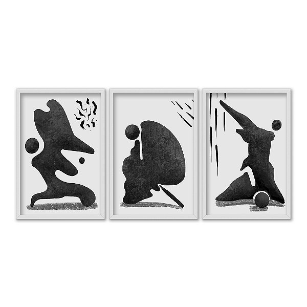 Kit 3 Quadros Decorativos Formas Orgãnicas Pretas Abstratas Fundo Branco