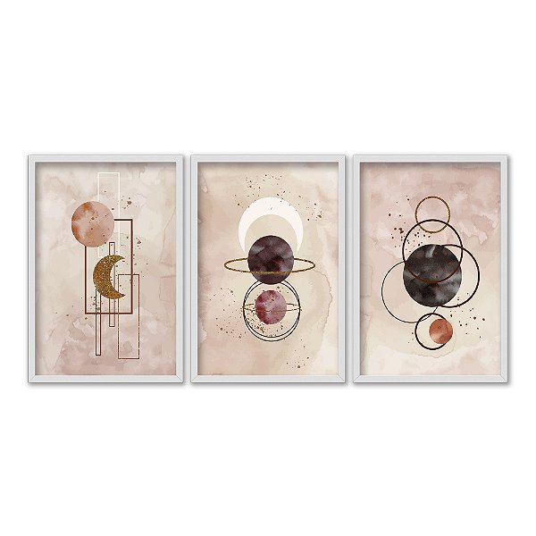 Kit 3 Quadros Decorativos Planetas Lua Abstrato Fundo Rosê Moderno