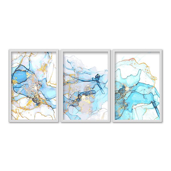 Kit 3 Quadros Decorativos Efeito Pintura Marmorizado Azul E Dourado