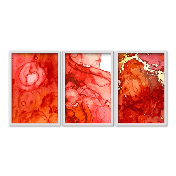 Kit 3 Quadros Decorativos Efeito Pintura Aquarela Marmorizado Vermelho E Dourado