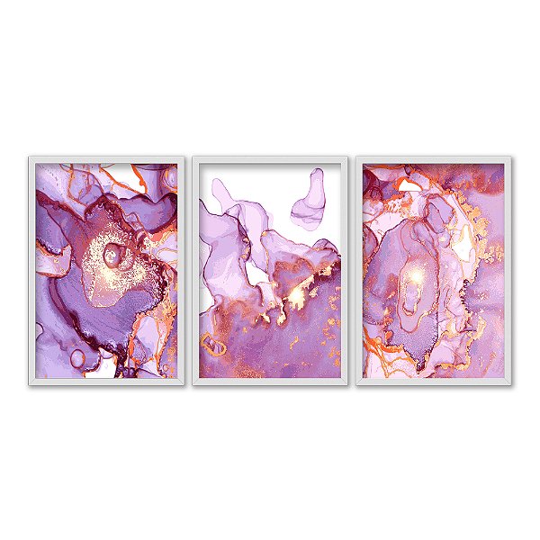 Kit 3 Quadros Decorativos Efeito Pintura Aquarela Marmorizado Roxo E Dourado Fundo Branco
