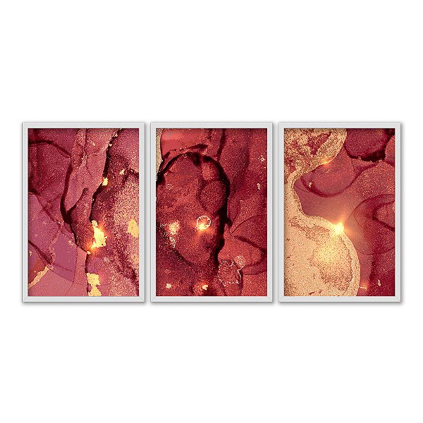 Kit 3 Quadros Decorativos Substância Dourada E Vermelha Misturado-se Abstrato