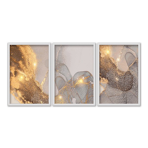 Kit 3 Quadros Decorativos Manchas Dourdas Substância Abstrato Moderno