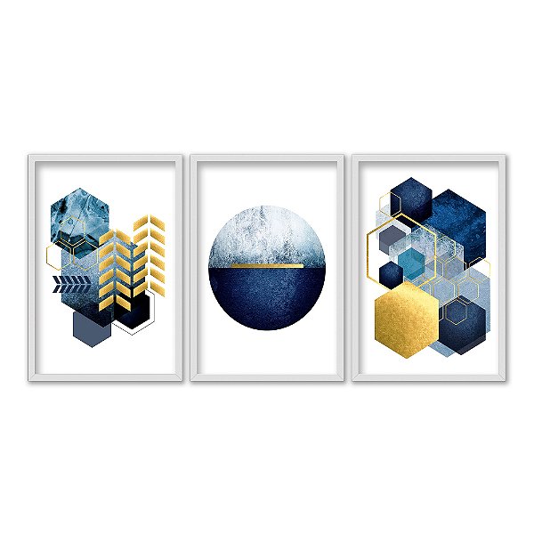Kit 3 Quadros Decorativos Desenho Geométrico Texturizado Dourado E Azul Abstrato