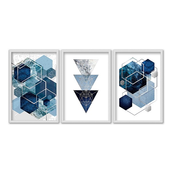 Kit 3 Quadros Decorativos Formas Geométricas Sobrepostas Azul Abstrato Fundo Branco