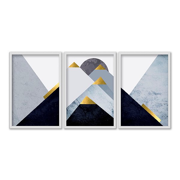 Kit 3 Quadros Decorativos Mosaico Montanhas Detalhes Dourados Abstrato