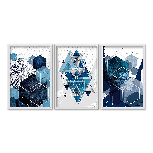 Kit 3 Quadros Decorativos Desenho Geométrico Azul E Branco Fundo Branco E Cinza