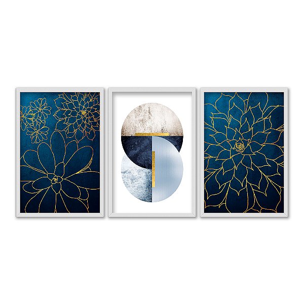 Kit 3 Quadros Decorativos Desenho Flores Linhas Douradas Fundo Azul Abstrato