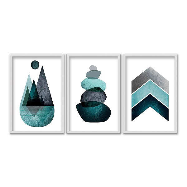 Kit 3 Quadros Decorativos Setas Montanhas Formas Abstratas Ciano Abstrato