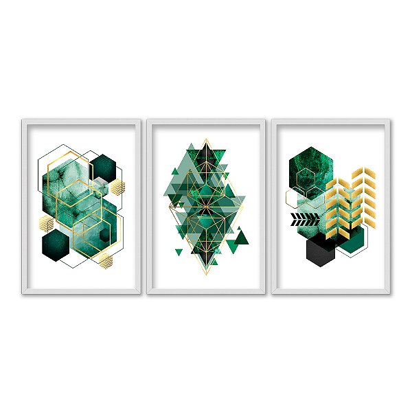 Kit 3 Quadros Decorativos Desenho Geométrico Texturizado Verde Detalhes Dourados Abstrato