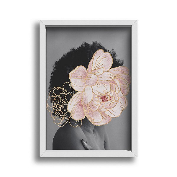 Quadro Decorativo Empoderamento Feminino Flores Floral Lineart Dourado e Rosa Delicado