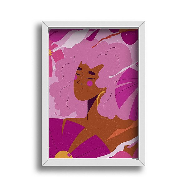 Quadro Decorativo Perfil Menina Negra Feminino Rosa Feminilidade Floral Vetor