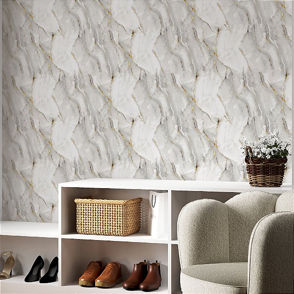 Papel de Parede Adesivo Vinil Marmore Dourado Branco