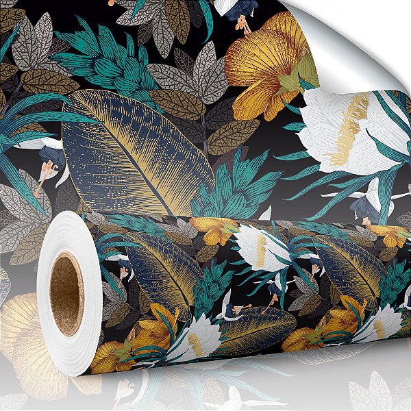 Papel de parede Autoadesivo Quarto Floral Folhagem Abstrato Dourada Branca E Verde Fundo Preto
