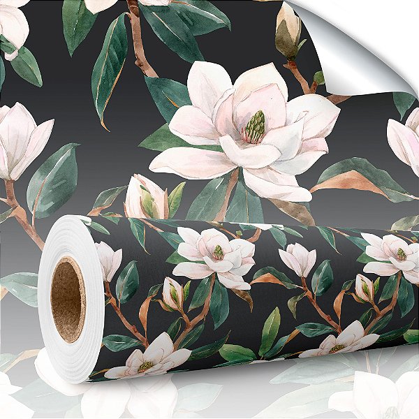 Papel de parede Autoadesivo Quarto Ramos Com Flores Magnólia Fundo Preto