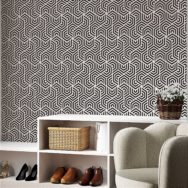 Papel de parede Autoadesivo Sala Geométrico Formas Preto Bege Abstrato