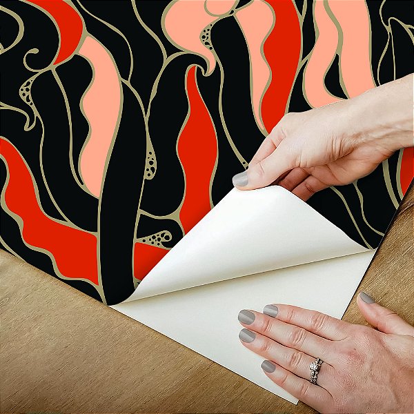 Papel de parede Autoadesivo Quarto Algas Abstrato Preta Vermelha Rosa Com Traço Dourado