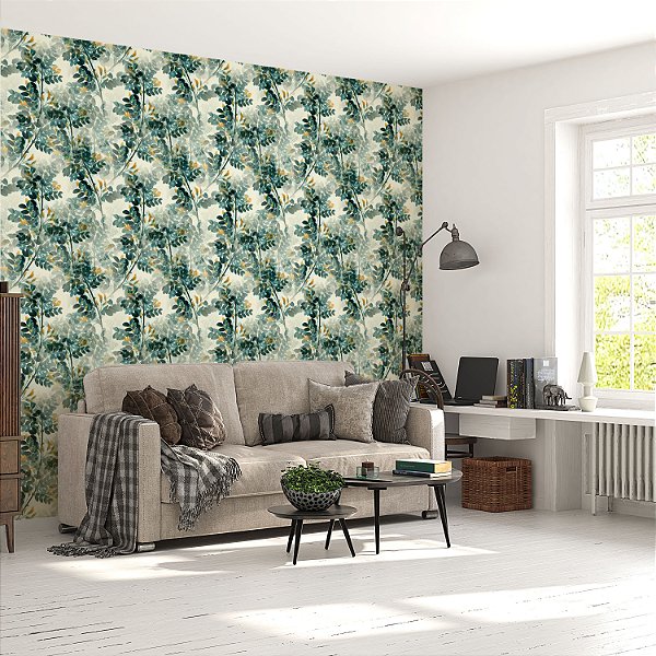Papel de parede Autoadesivo Quarto Folhas Verdes Com Flores Amarelas Com Fundo Bege