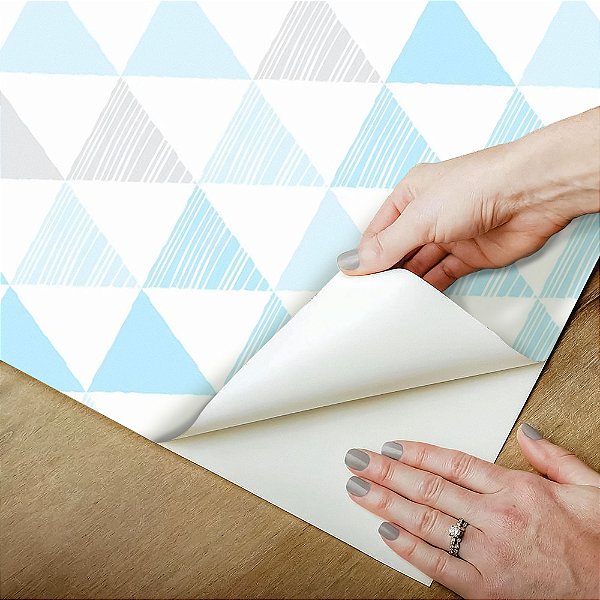 Papel de parede Autoadesivo Quarto Bebê Triângulos Azul Cinza Branco Claro