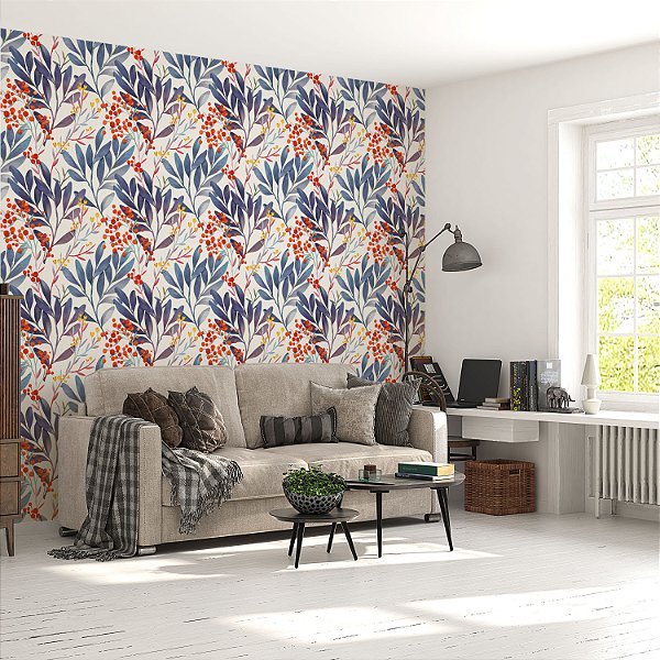 Papel de parede Autoadesivo Quarto Folhagem Azul Com Flor Amarela E Fundo Branco