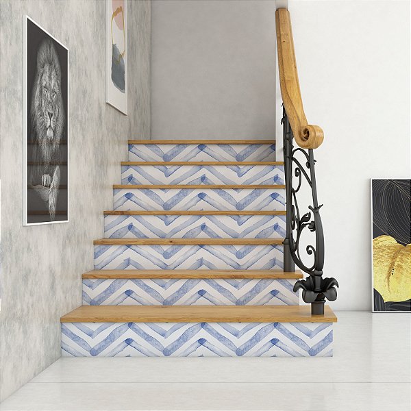 Papel de parede Autoadesivo Quarto Linhas Azuis Pintadas Em Tinta Óleo Com Fundo Branco