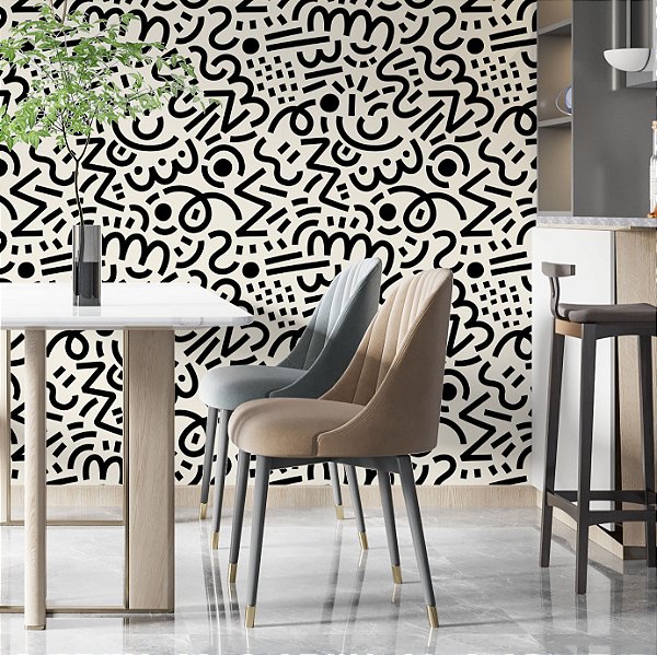 Papel de parede Autoadesivo Quarto Desenhos Abstratos Preto Com Fundo Bege