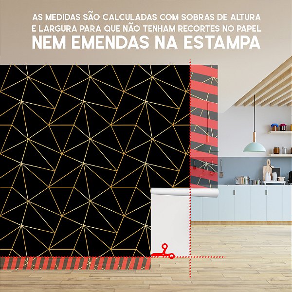 Papel de parede Autoadesivo Quarto Linhas Geométricas Triangular Dourada Com Fundo Preto