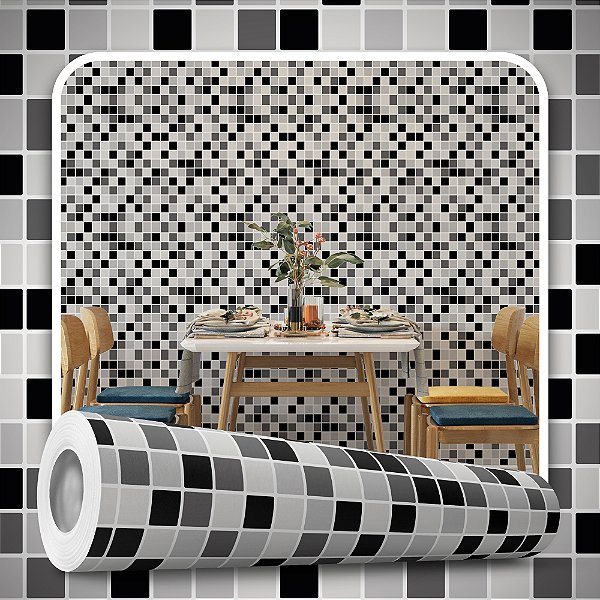 Papel de parede Autoadesivo Sala Pastilha Preto e Cinza