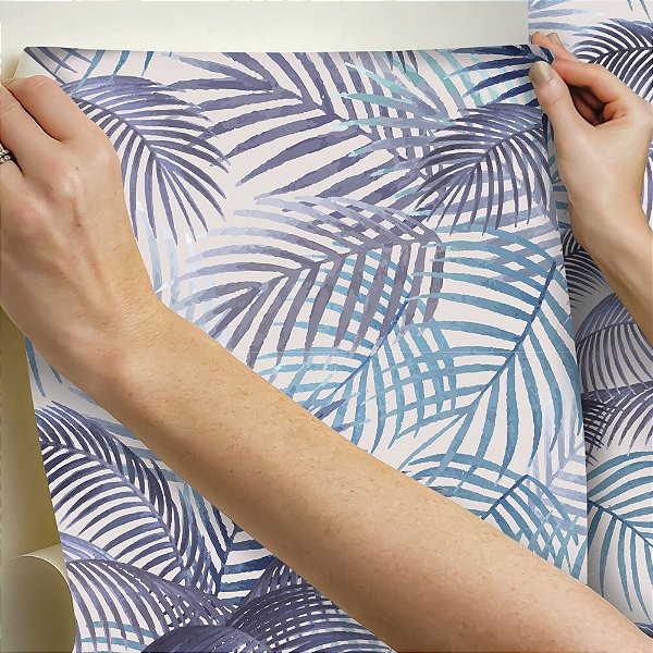 Papel de parede Autoadesivo Quarto Folhas de Palmeira Tons Roxo