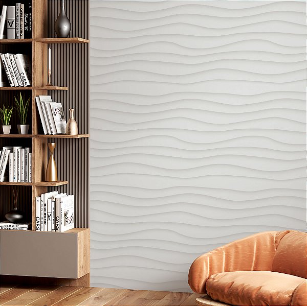 Papel de parede Autoadesivo Sala Ondas Cinza Efeito Gesso