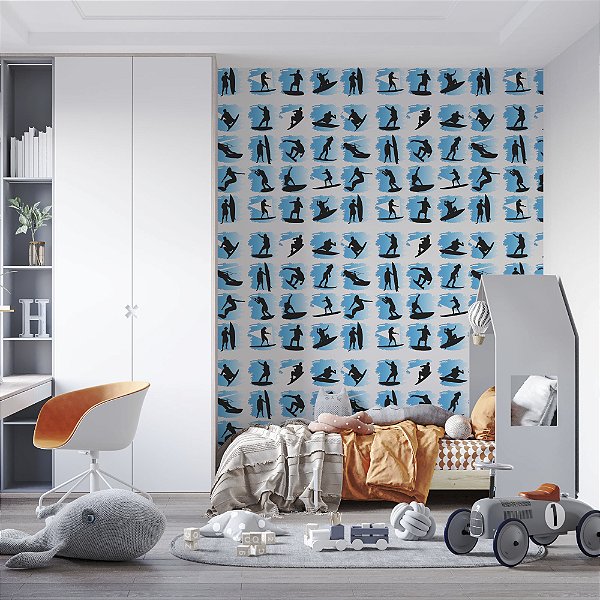 Papel de parede Autoadesivo Quarto Teen Surf Prancha Surfista Azul Preto