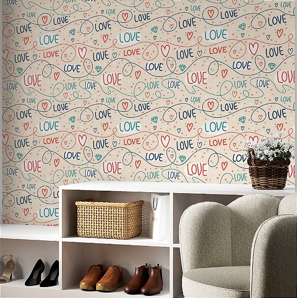 Papel de parede Autoadesivo Quarto Infantil Love Linhas Bege Azul Colorido Coração